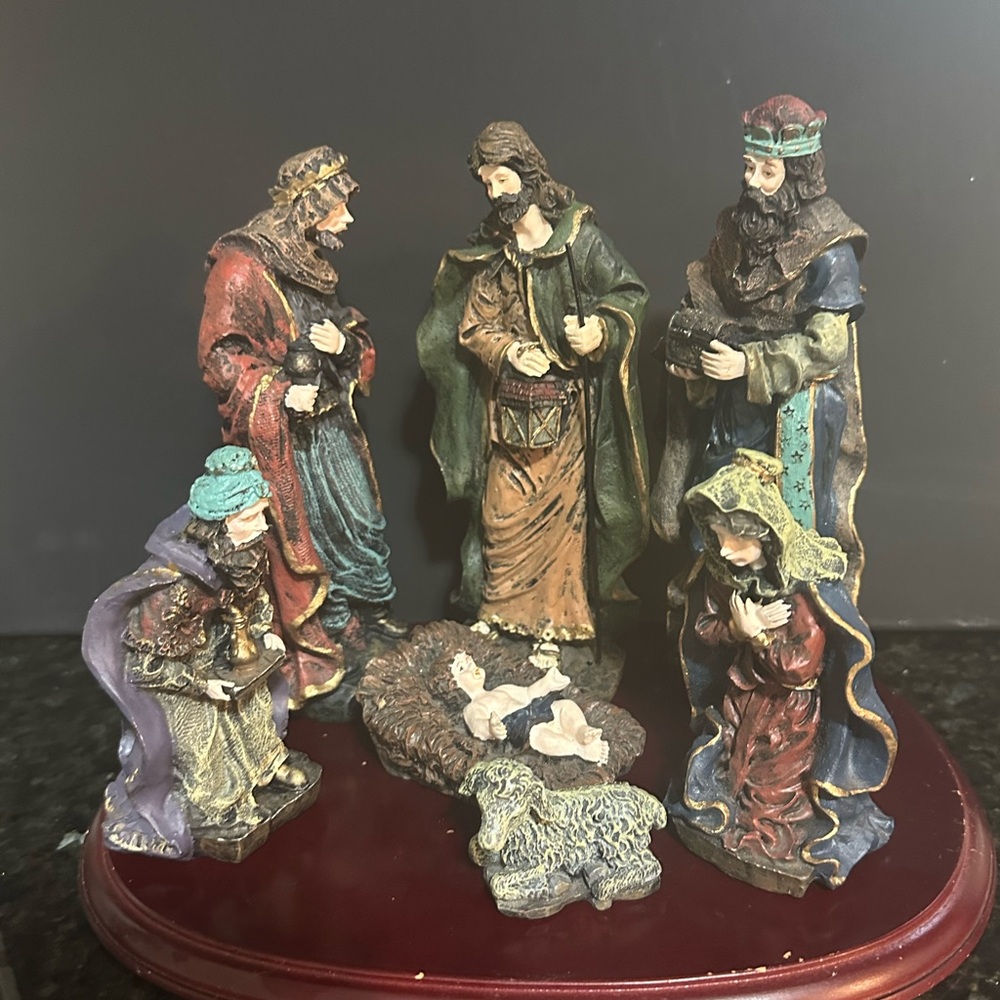 International Silver Company Nativity 7P Scene Wood Resin Christmas Vintage